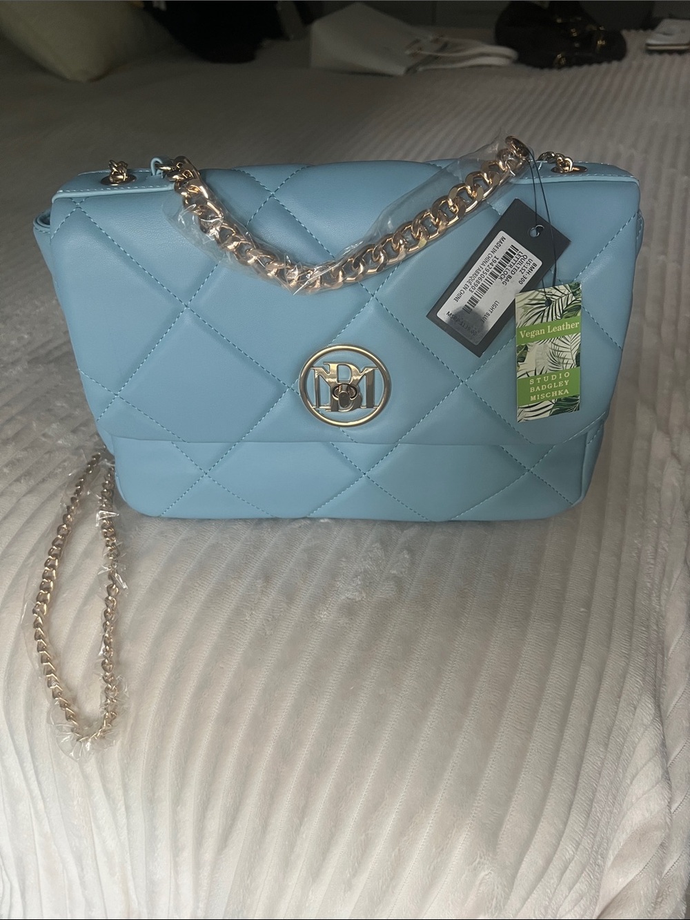 Badgley Mischka Quilted Light Blue Shoulder Bag with Gold Hardware New with tag